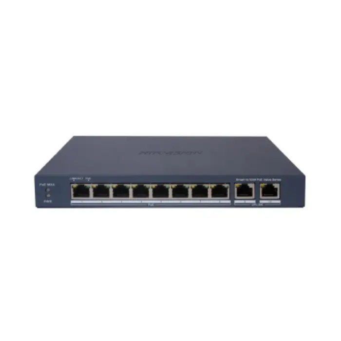 SWITCH 8 PUERTOS POE ADMINISTRABLE MIX 100M + 2 UP RJ45 GIGABITE HIKVISION - BAJO CONSUMO